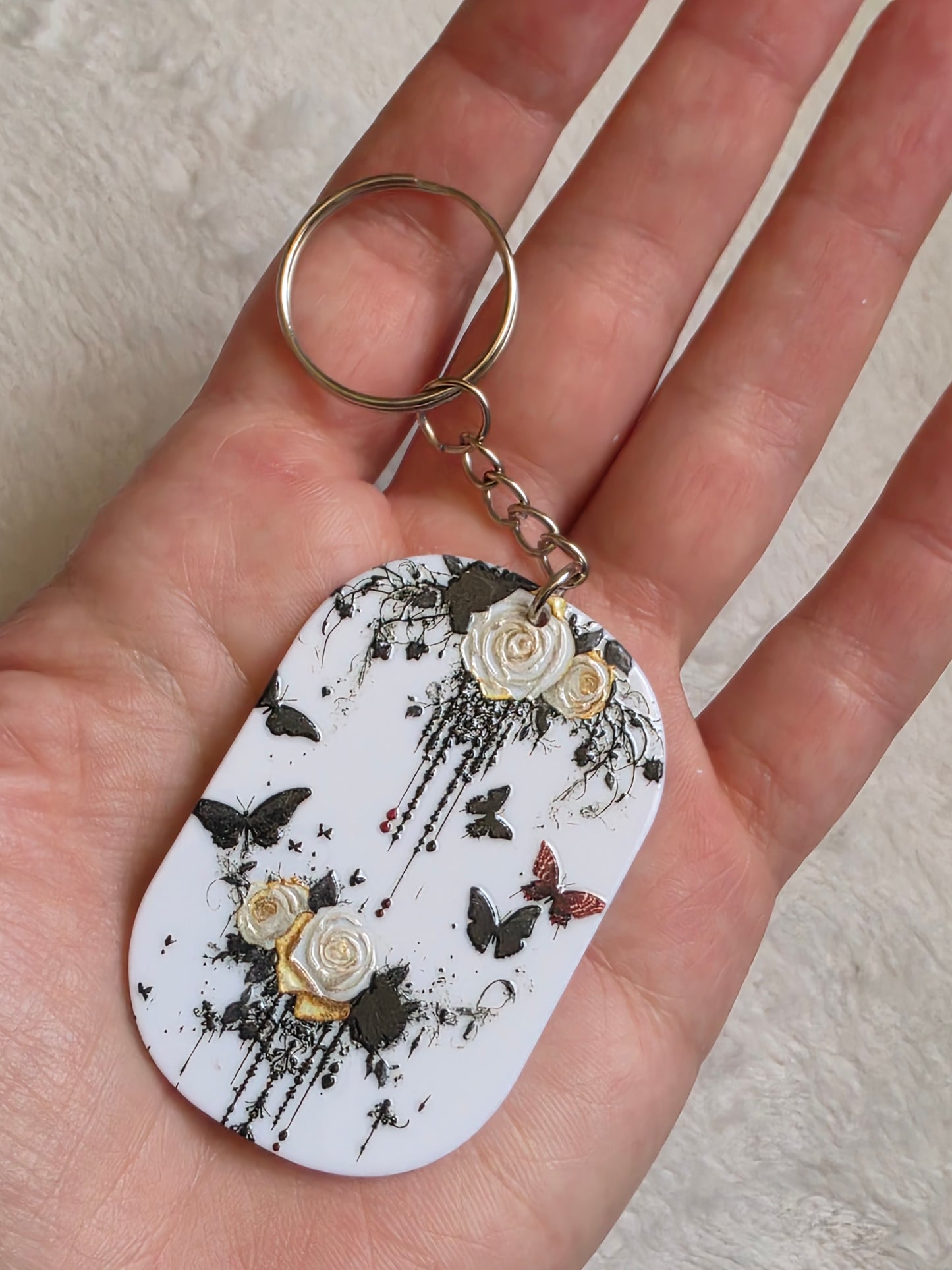Keychain: White Rose Butterfly Keyring, Bag Charm, Tag