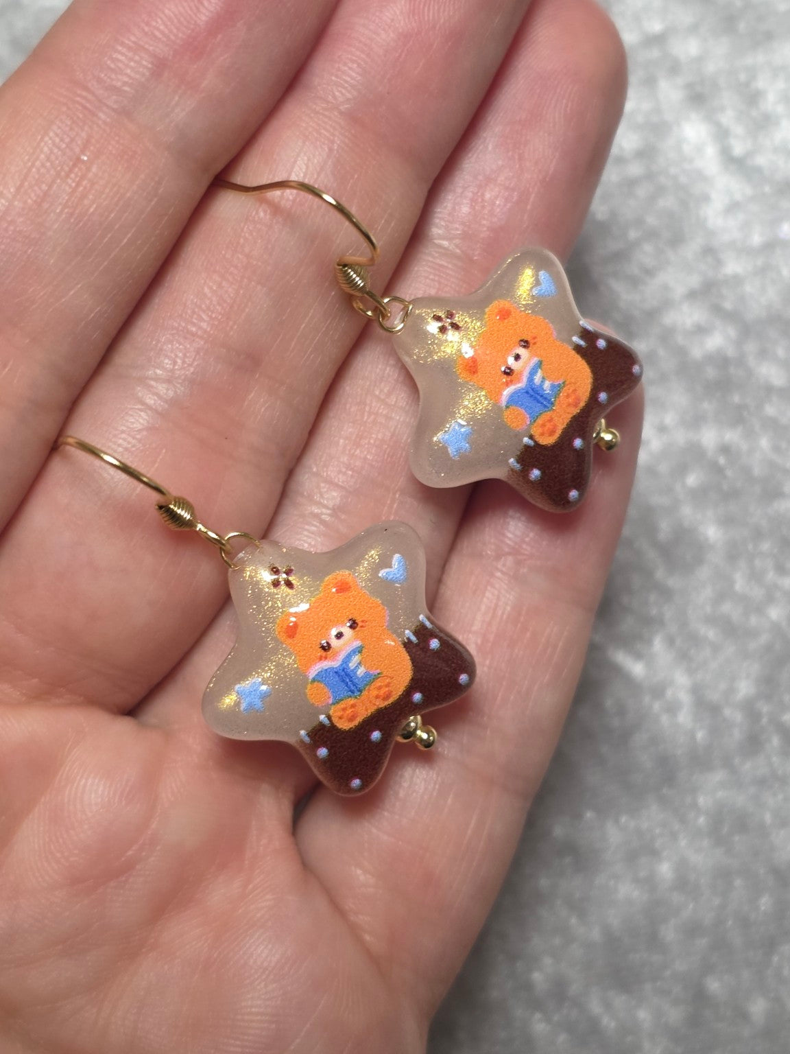 Handmade Teddy Bear Star Dangle Earrings | Cute Kawaii Earrings