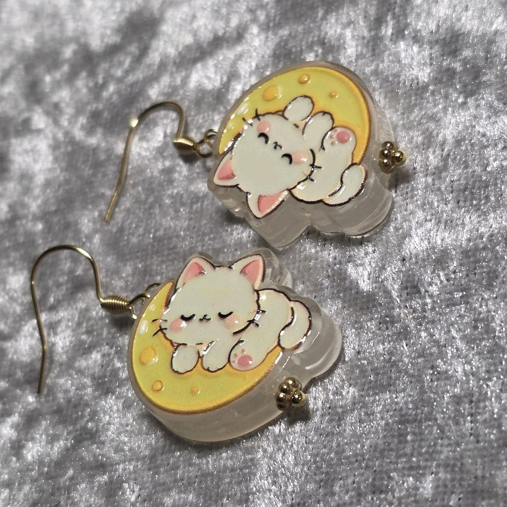 Handmade Cute Kitty Moon Dangle Earrings | Kawaii Animal Jewellery