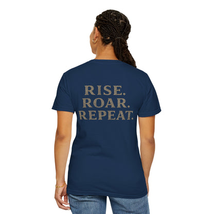 Wolf Graphic T-Shirt — Front Wolf Head Art & Back “RISE. ROAR. REPEAT.” Motivational Tee