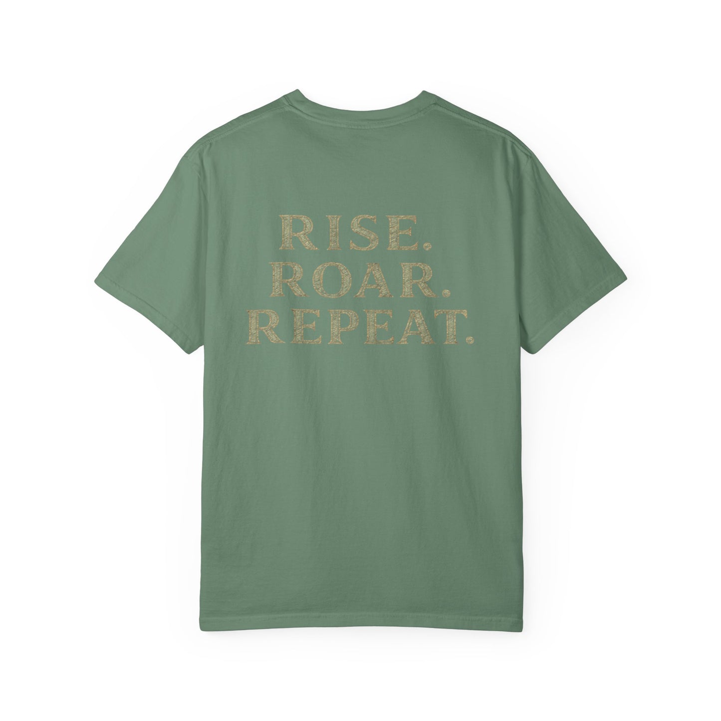 Wolf Graphic T-Shirt — Front Wolf Head Art & Back “RISE. ROAR. REPEAT.” Motivational Tee