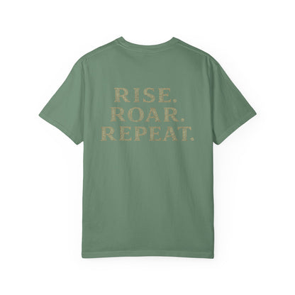 Wolf Graphic T-Shirt — Front Wolf Head Art & Back “RISE. ROAR. REPEAT.” Motivational Tee
