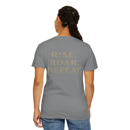 Wolf Graphic T-Shirt — Front Wolf Head Art & Back “RISE. ROAR. REPEAT.” Motivational Tee
