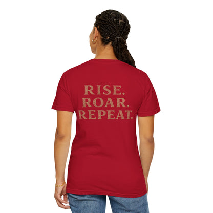 Wolf Graphic T-Shirt — Front Wolf Head Art & Back “RISE. ROAR. REPEAT.” Motivational Tee