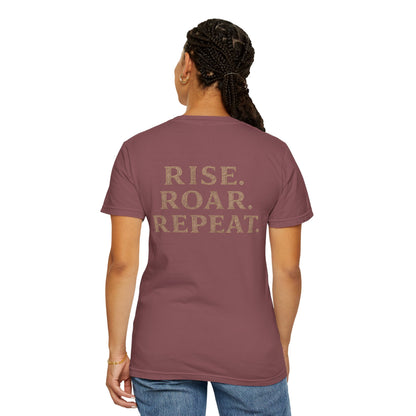 Wolf Graphic T-Shirt — Front Wolf Head Art & Back “RISE. ROAR. REPEAT.” Motivational Tee
