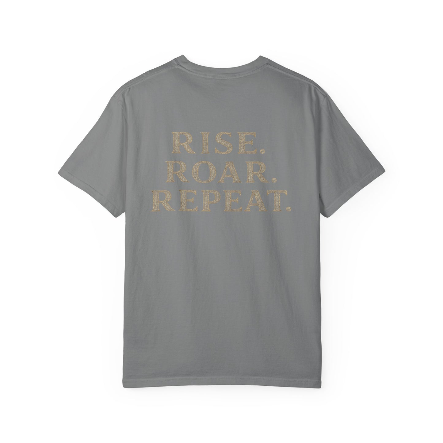 Wolf Graphic T-Shirt — Front Wolf Head Art & Back “RISE. ROAR. REPEAT.” Motivational Tee