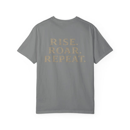 Wolf Graphic T-Shirt — Front Wolf Head Art & Back “RISE. ROAR. REPEAT.” Motivational Tee
