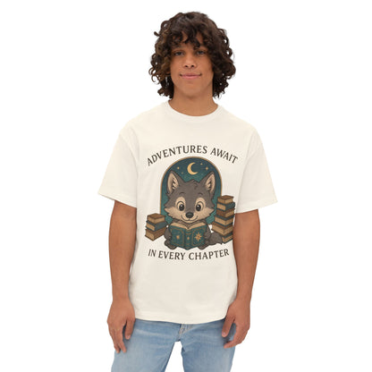 Adventure Reader Tee — "Adventures Await in Every Chapter" Cute Wolf Reading Shirt