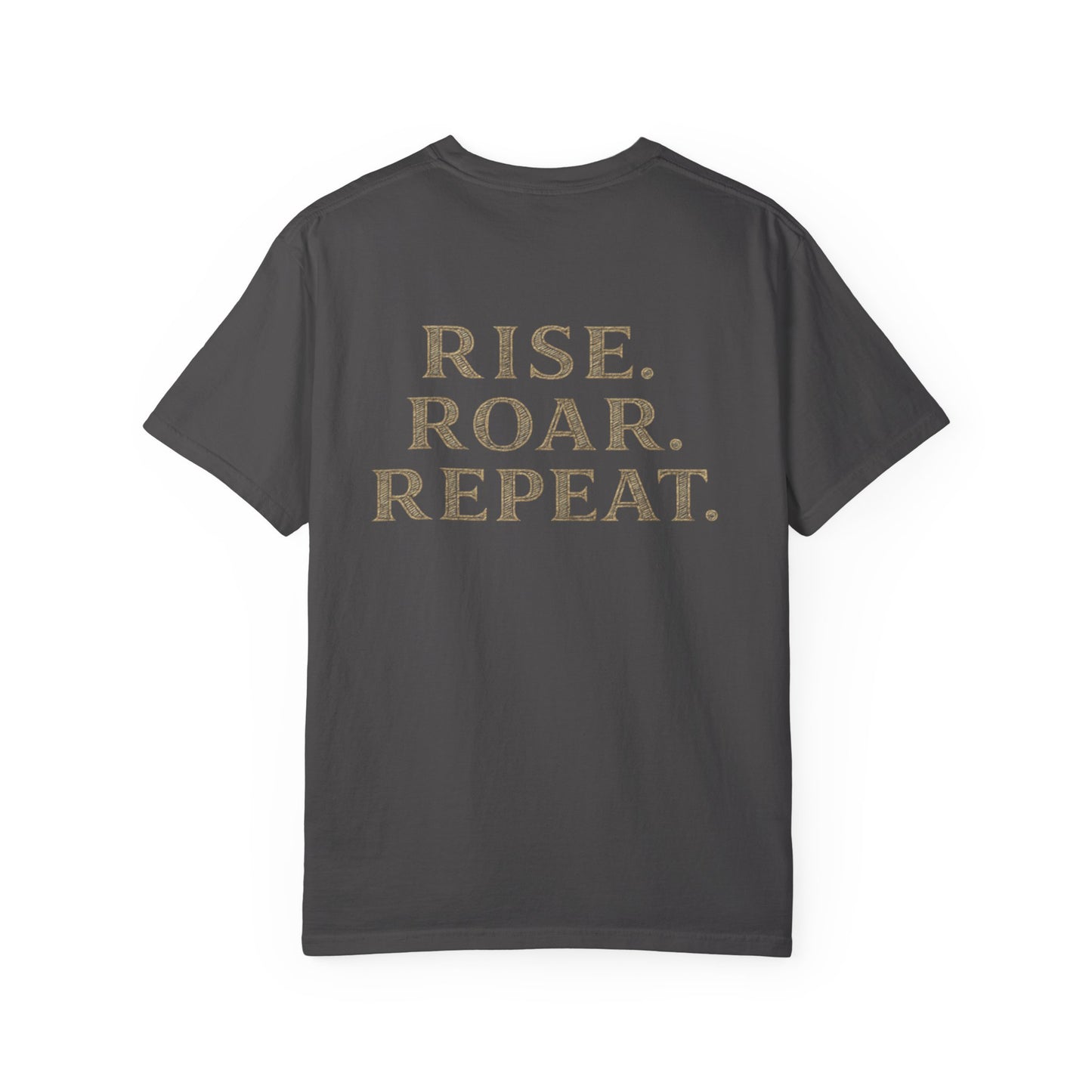 Wolf Graphic T-Shirt — Front Wolf Head Art & Back “RISE. ROAR. REPEAT.” Motivational Tee