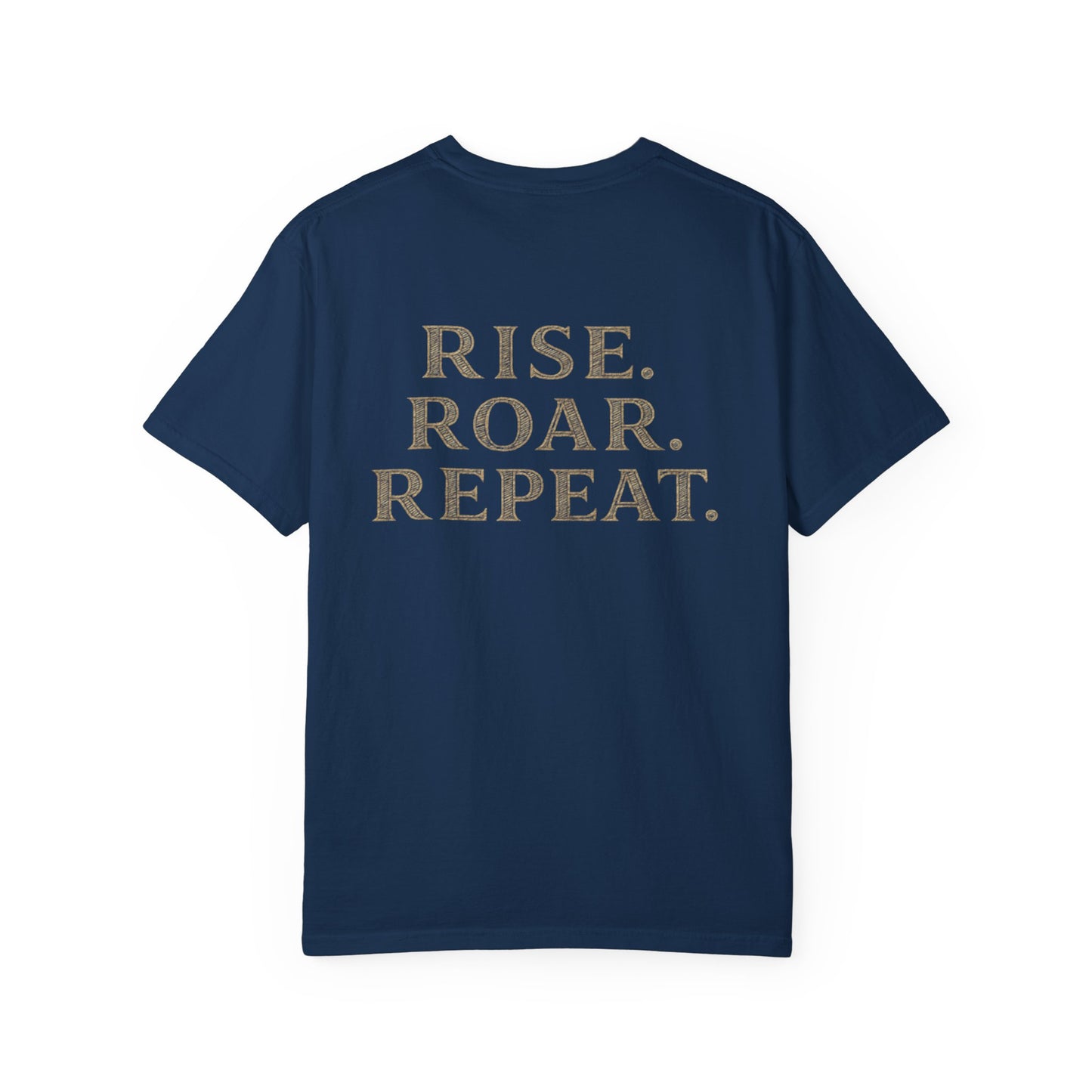 Wolf Graphic T-Shirt — Front Wolf Head Art & Back “RISE. ROAR. REPEAT.” Motivational Tee