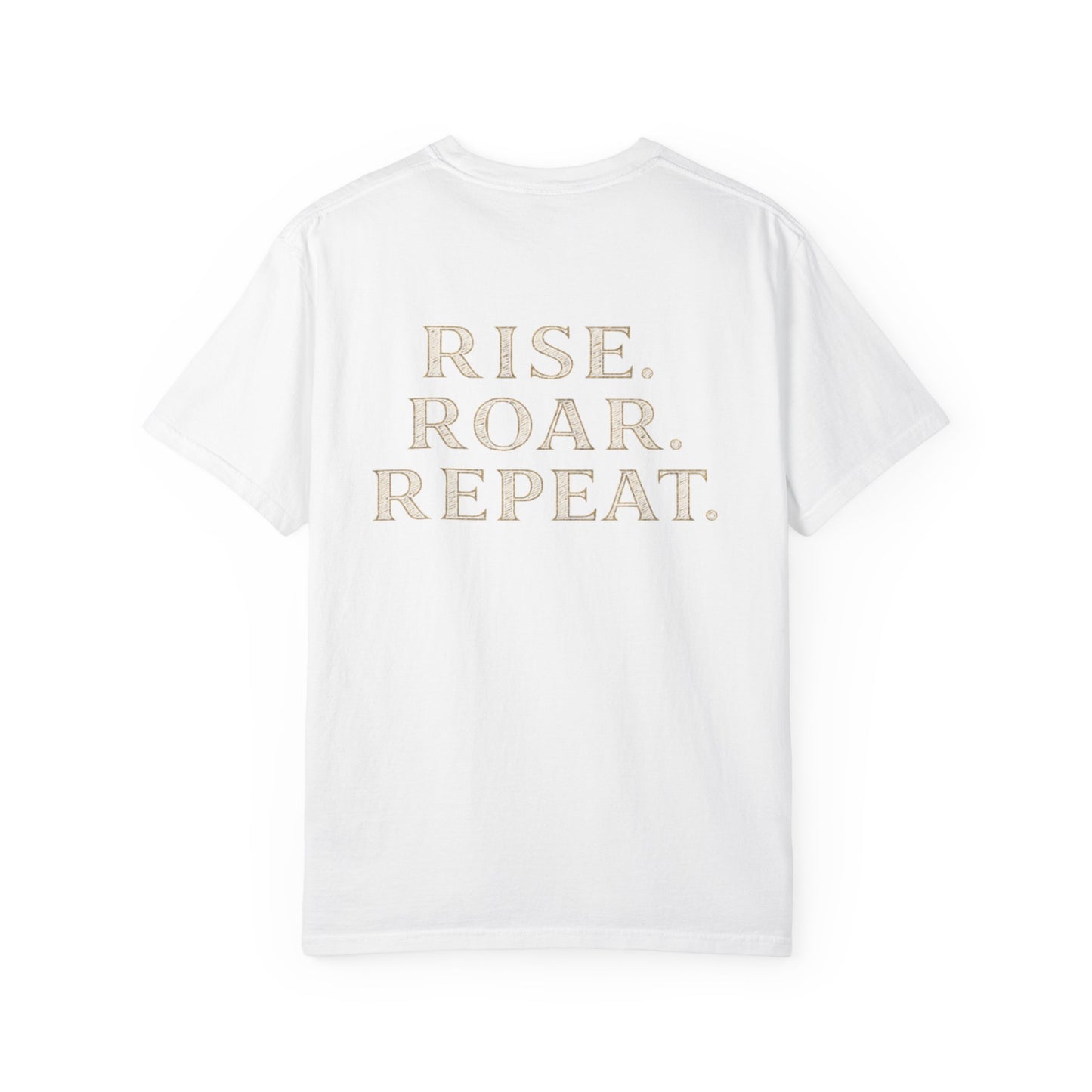 Wolf Graphic T-Shirt — Front Wolf Head Art & Back “RISE. ROAR. REPEAT.” Motivational Tee