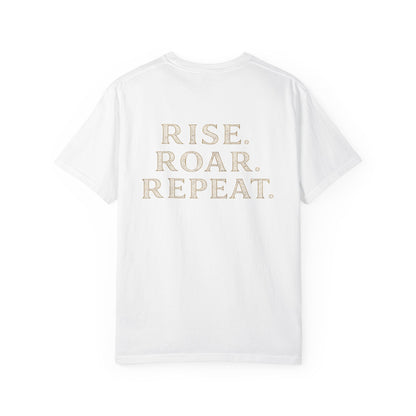 Wolf Graphic T-Shirt — Front Wolf Head Art & Back “RISE. ROAR. REPEAT.” Motivational Tee