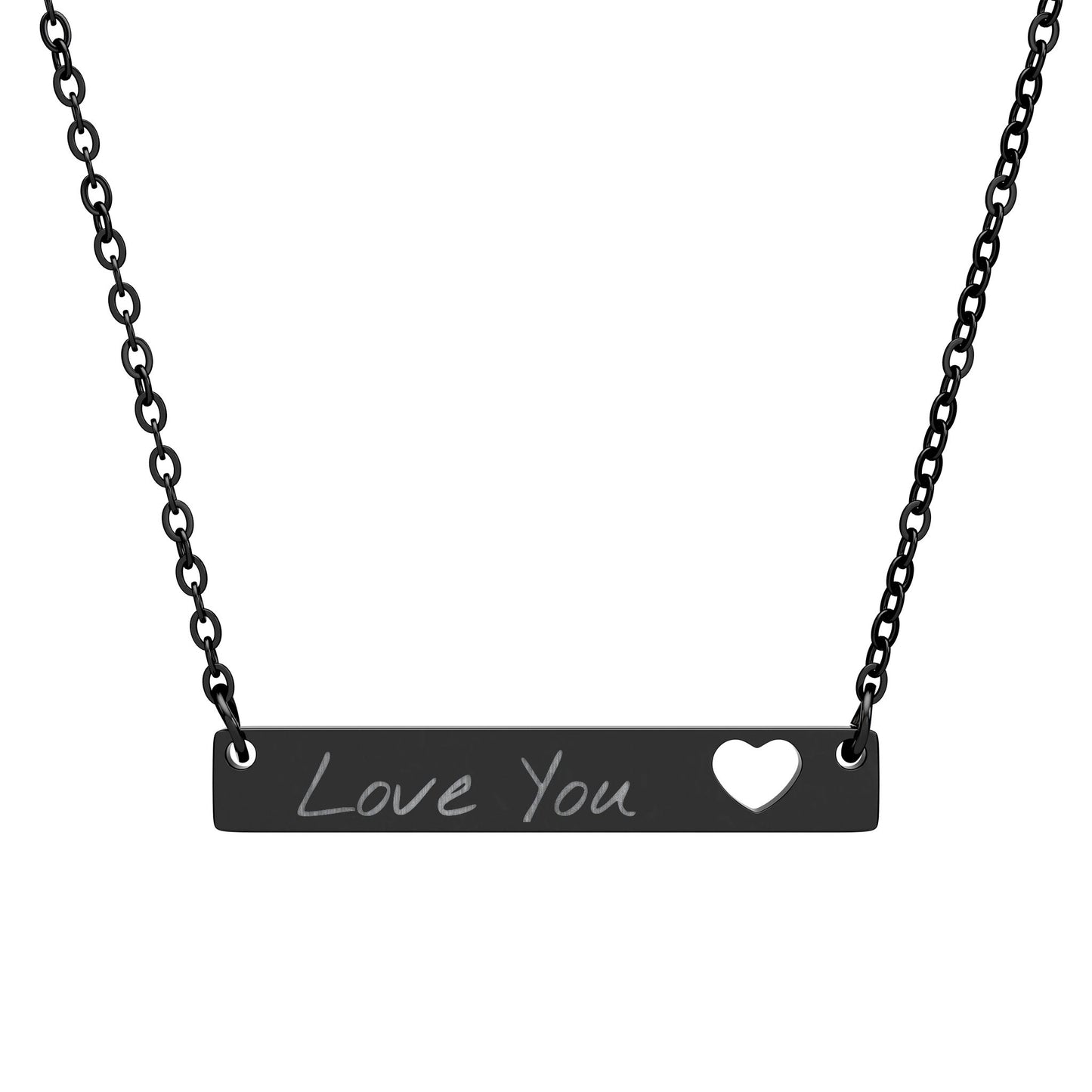 Engravable Cutout Heart Bar Necklace — Personalized "Love You" Pendant