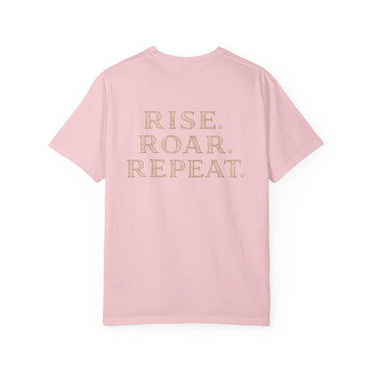 Wolf Graphic T-Shirt — Front Wolf Head Art & Back “RISE. ROAR. REPEAT.” Motivational Tee