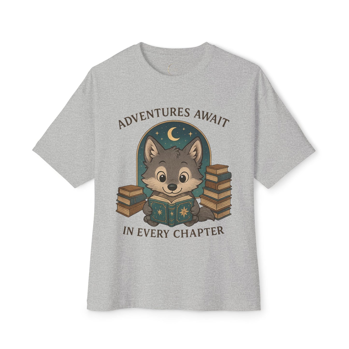 Adventure Reader Tee — "Adventures Await in Every Chapter" Cute Wolf Reading Shirt