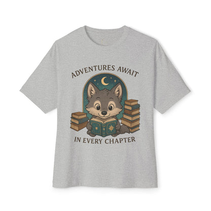 Adventure Reader Tee — "Adventures Await in Every Chapter" Cute Wolf Reading Shirt