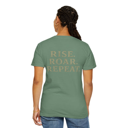 Wolf Graphic T-Shirt — Front Wolf Head Art & Back “RISE. ROAR. REPEAT.” Motivational Tee