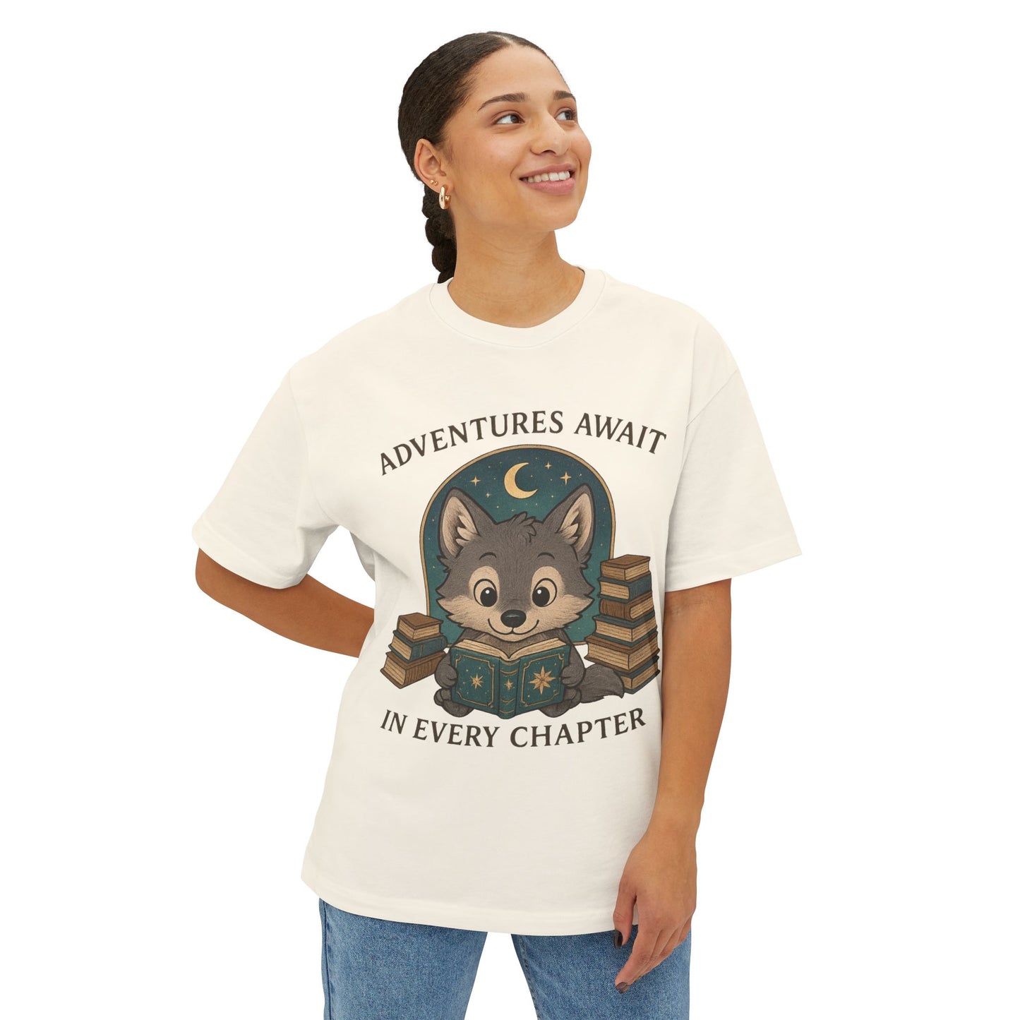Adventure Reader Tee — "Adventures Await in Every Chapter" Cute Wolf Reading Shirt