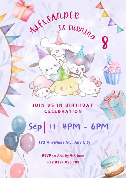 Sanrio Editable Digital Invitation | Kawaii Sanrio Party Event Invite | Instant Download