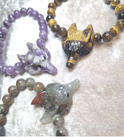 Wolf Head carving Chakra Bead Stretch Bracelet. Spiritual Healing Bracelet Jewellery.