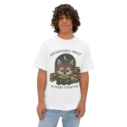 Adventure Reader Tee — "Adventures Await in Every Chapter" Cute Wolf Reading Shirt