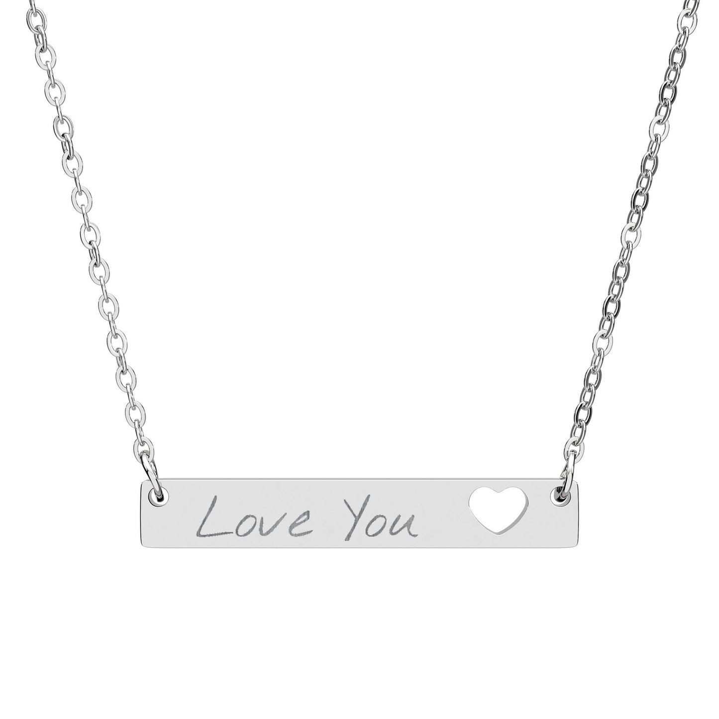 Engravable Cutout Heart Bar Necklace — Personalized "Love You" Pendant