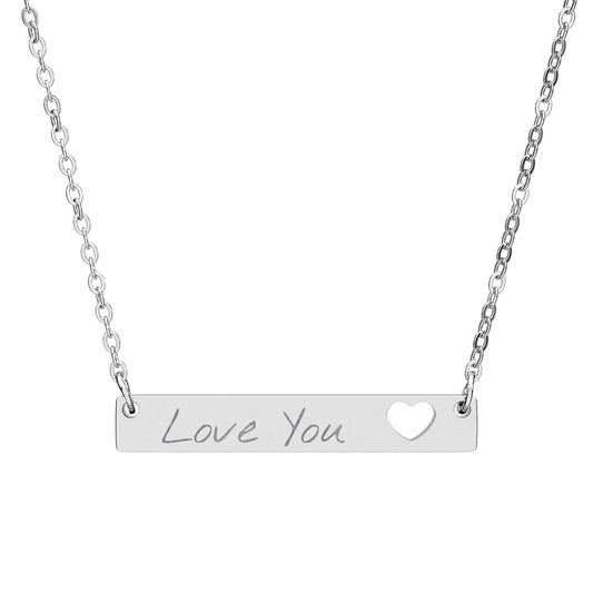 Engravable Cutout Heart Bar Necklace — Personalized "Love You" Pendant