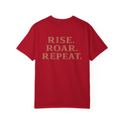 Wolf Graphic T-Shirt — Front Wolf Head Art & Back “RISE. ROAR. REPEAT.” Motivational Tee