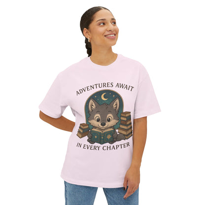 Adventure Reader Tee — "Adventures Await in Every Chapter" Cute Wolf Reading Shirt