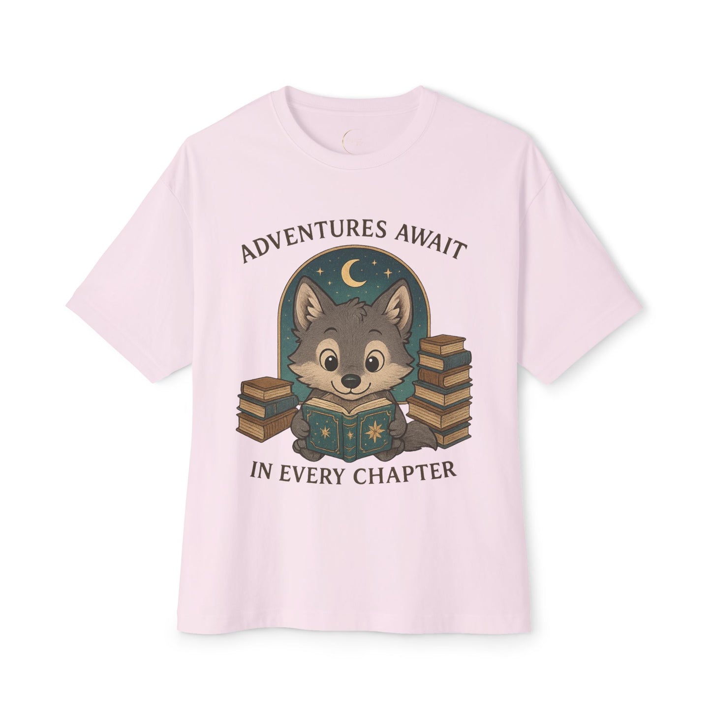 Adventure Reader Tee — "Adventures Await in Every Chapter" Cute Wolf Reading Shirt