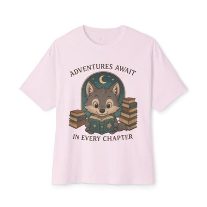 Adventure Reader Tee — "Adventures Await in Every Chapter" Cute Wolf Reading Shirt