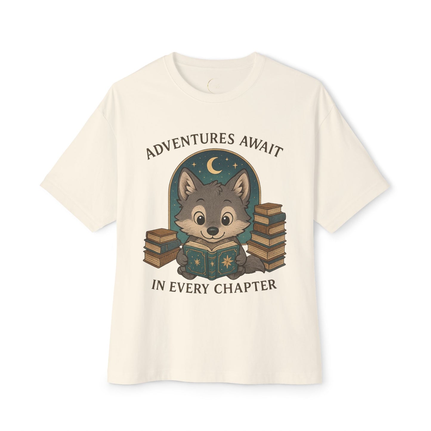 Adventure Reader Tee — "Adventures Await in Every Chapter" Cute Wolf Reading Shirt
