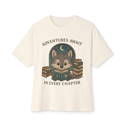 Adventure Reader Tee — "Adventures Await in Every Chapter" Cute Wolf Reading Shirt