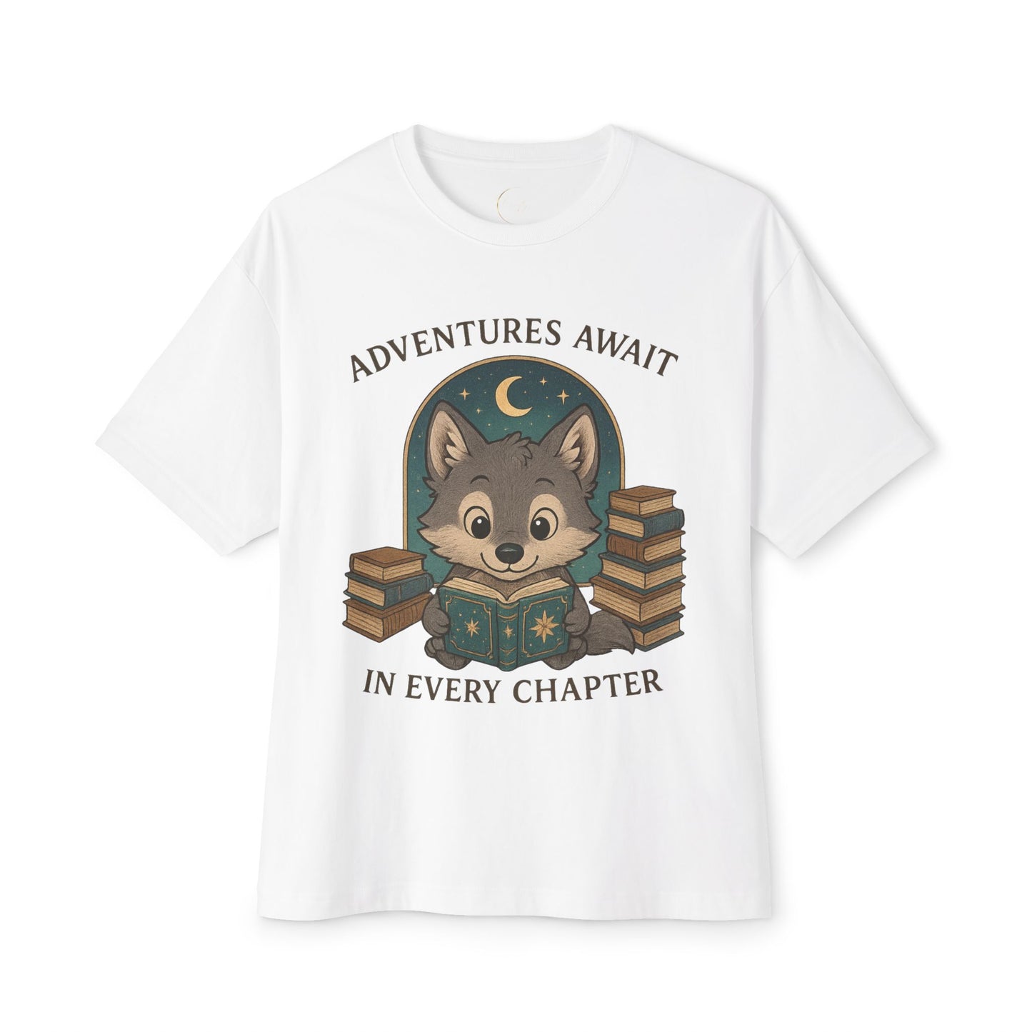Adventure Reader Tee — "Adventures Await in Every Chapter" Cute Wolf Reading Shirt