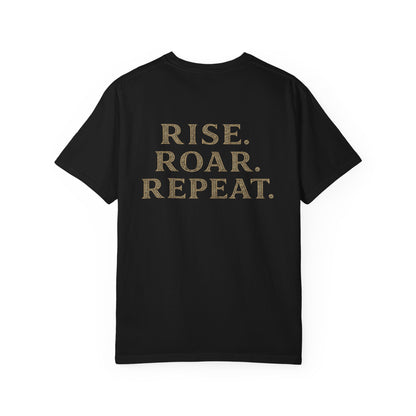 Wolf Graphic T-Shirt — Front Wolf Head Art & Back “RISE. ROAR. REPEAT.” Motivational Tee