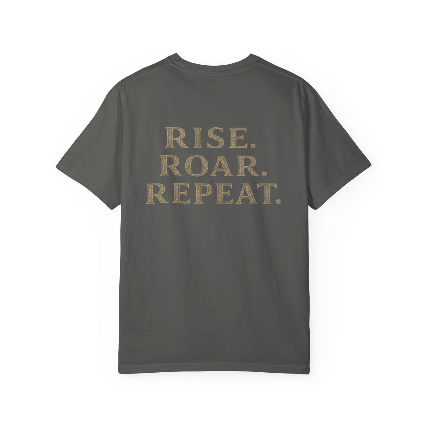 Wolf Graphic T-Shirt — Front Wolf Head Art & Back “RISE. ROAR. REPEAT.” Motivational Tee