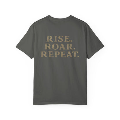 Wolf Graphic T-Shirt — Front Wolf Head Art & Back “RISE. ROAR. REPEAT.” Motivational Tee