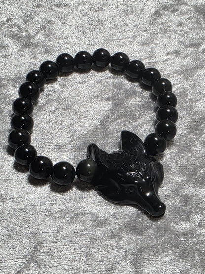 Wolf Head carving Chakra Bead Stretch Bracelet. Spiritual Healing Bracelet Jewellery.