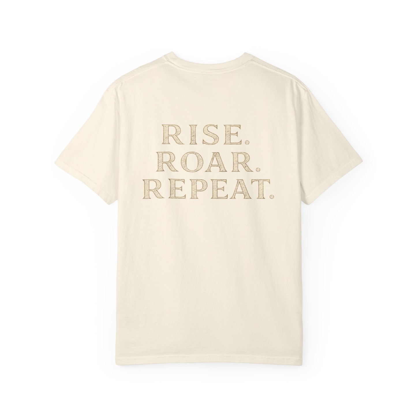 Wolf Graphic T-Shirt — Front Wolf Head Art & Back “RISE. ROAR. REPEAT.” Motivational Tee