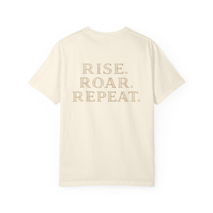 Wolf Graphic T-Shirt — Front Wolf Head Art & Back “RISE. ROAR. REPEAT.” Motivational Tee