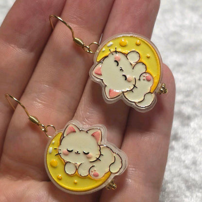 Handmade Cute Kitty Moon Dangle Earrings | Kawaii Animal Jewellery