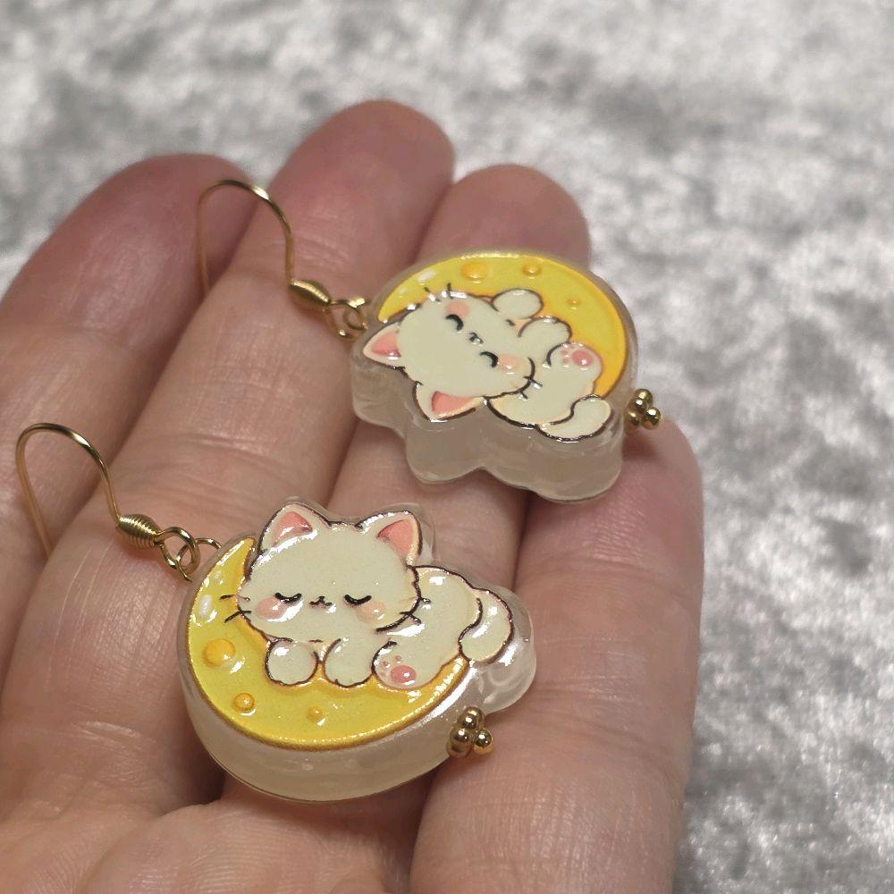 Handmade Cute Kitty Moon Dangle Earrings | Kawaii Animal Jewellery