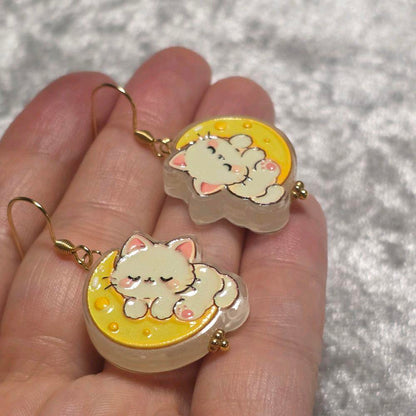 Handmade Cute Kitty Moon Dangle Earrings | Kawaii Animal Jewellery