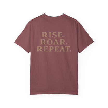 Wolf Graphic T-Shirt — Front Wolf Head Art & Back “RISE. ROAR. REPEAT.” Motivational Tee
