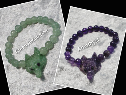 Wolf Head carving Chakra Bead Stretch Bracelet. Spiritual Healing Bracelet Jewellery.