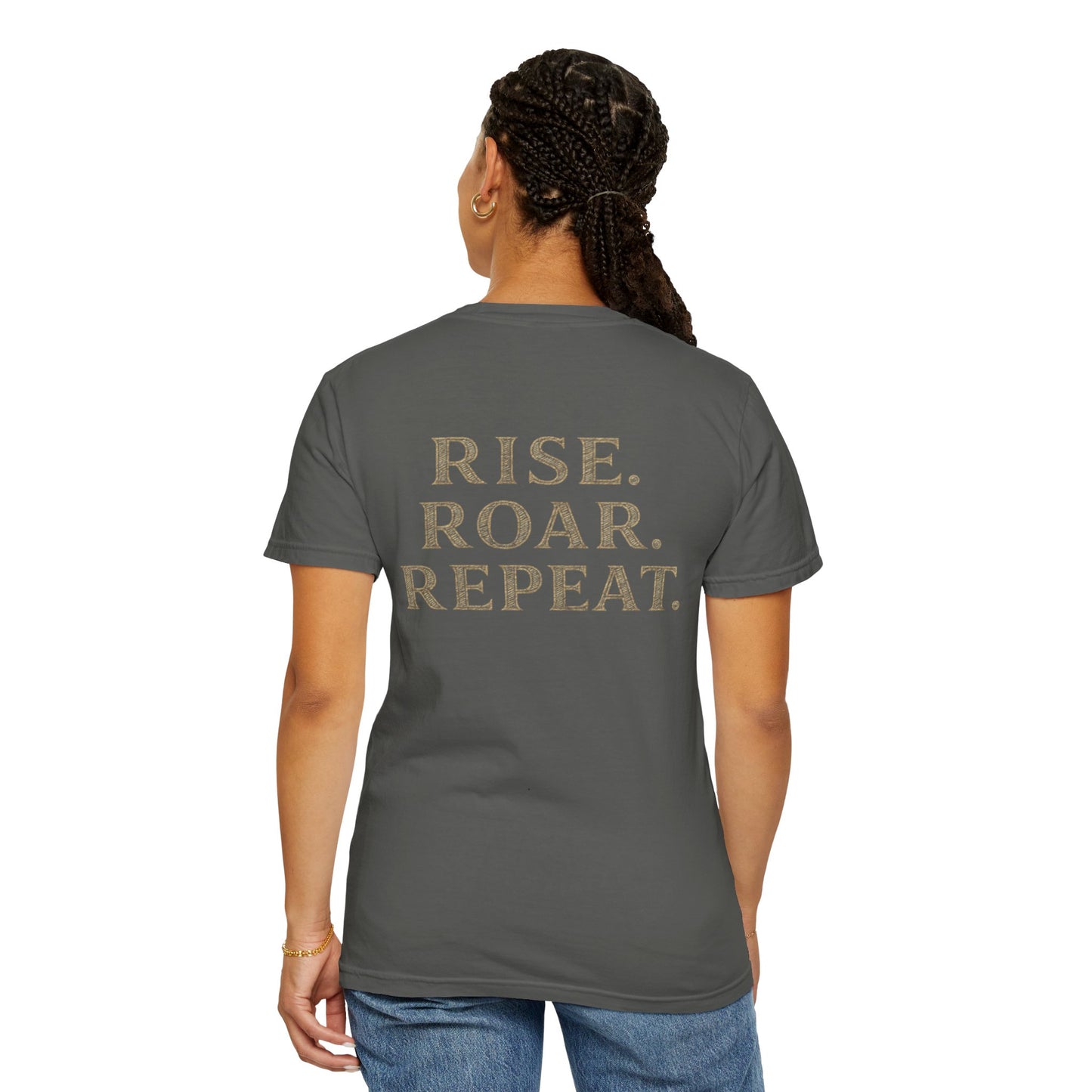 Wolf Graphic T-Shirt — Front Wolf Head Art & Back “RISE. ROAR. REPEAT.” Motivational Tee