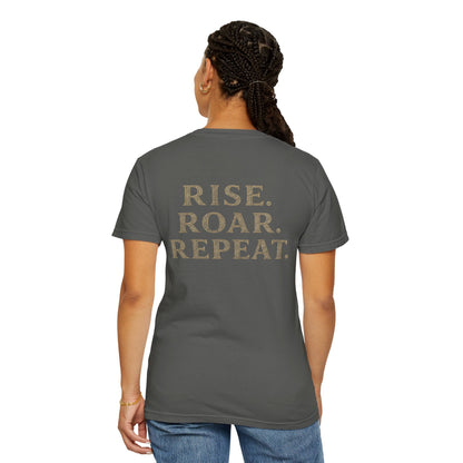 Wolf Graphic T-Shirt — Front Wolf Head Art & Back “RISE. ROAR. REPEAT.” Motivational Tee
