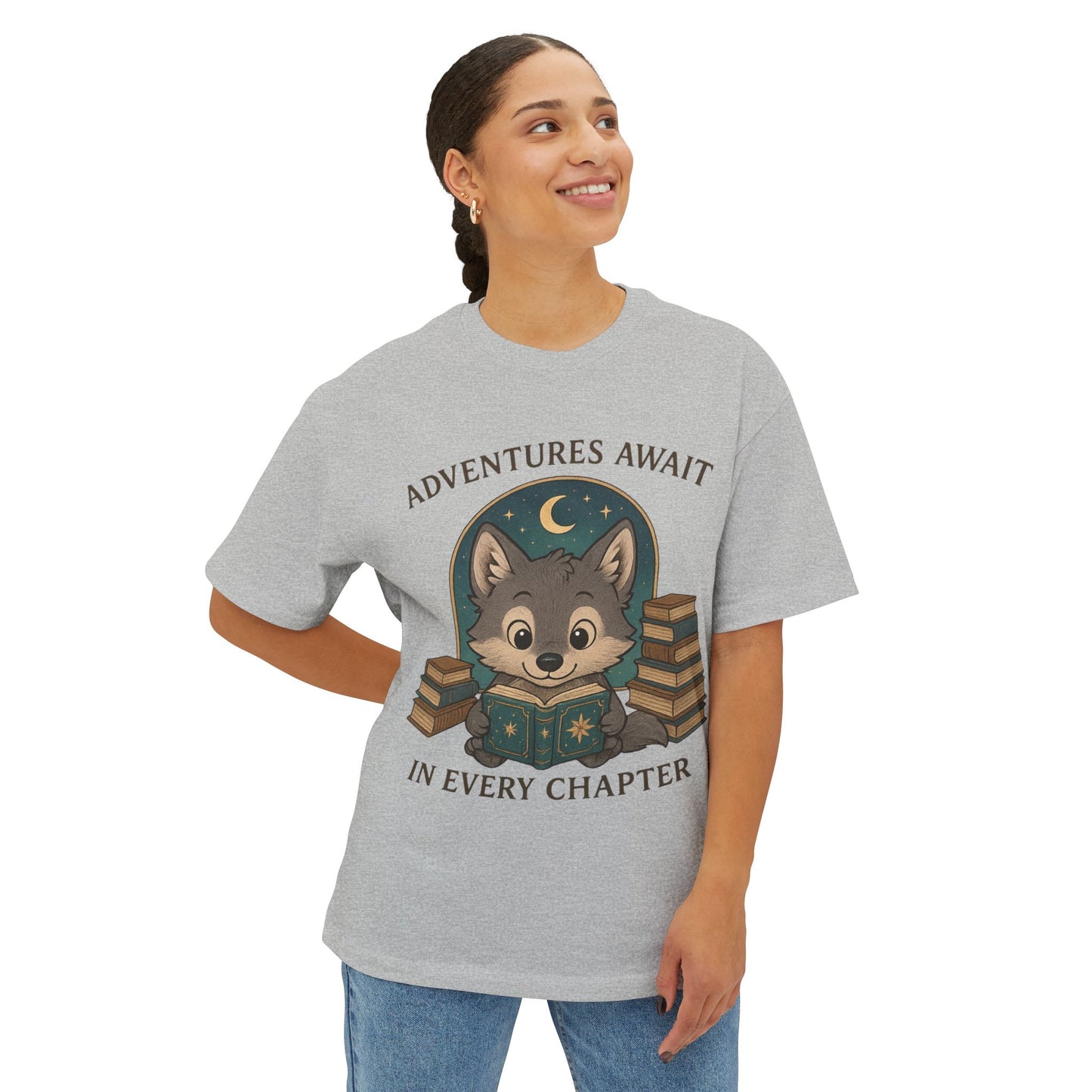 Adventure Reader Tee — "Adventures Await in Every Chapter" Cute Wolf Reading Shirt