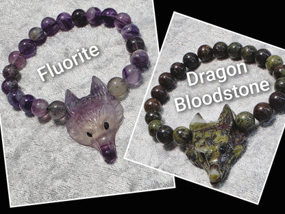 Wolf Head carving Chakra Bead Stretch Bracelet. Spiritual Healing Bracelet Jewellery.