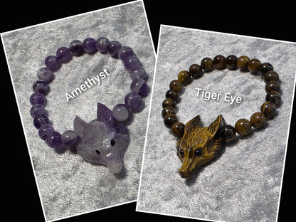 Wolf Head carving Chakra Bead Stretch Bracelet. Spiritual Healing Bracelet Jewellery.